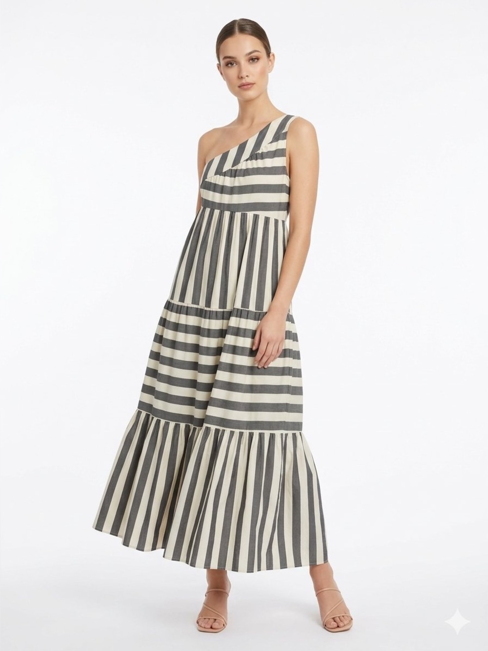 Who What Wear One-Shoulder Cotton Striped Maxi Dress - Black and White